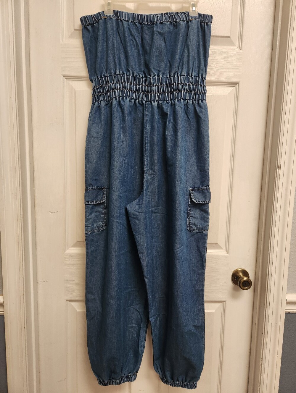 Denim Strapless Jumpsuit with Cargo Pockets - Blue - Picture 6 of 12